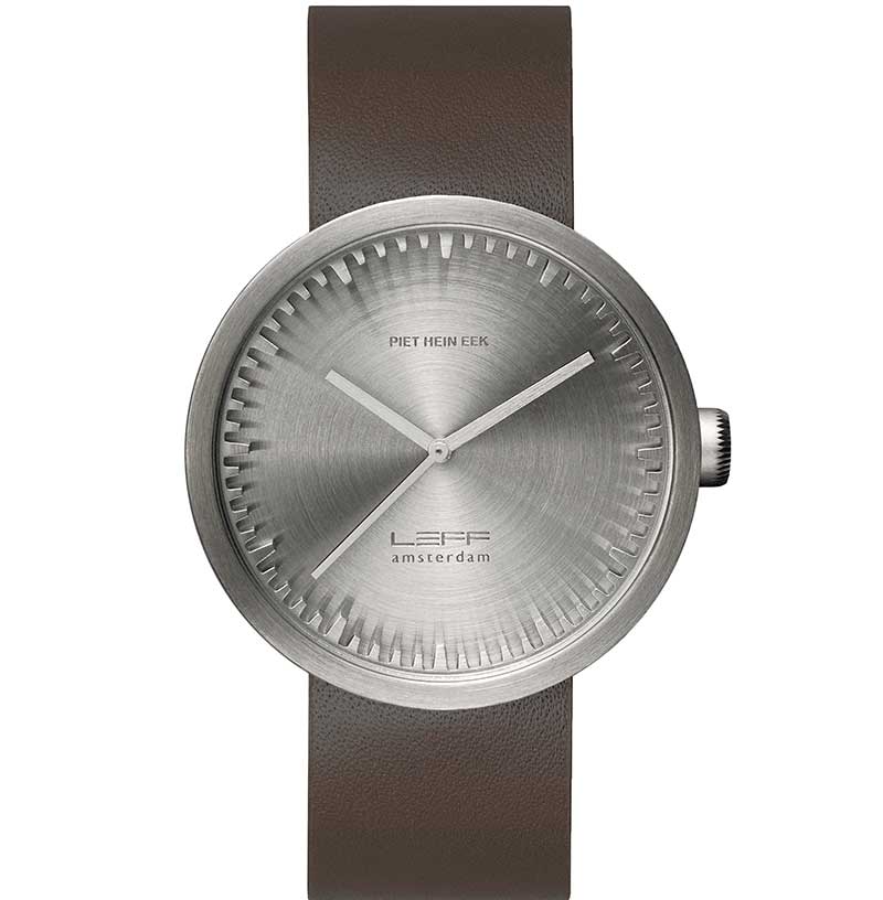 Leff Tube Watch D38 Steel, brown leather strap