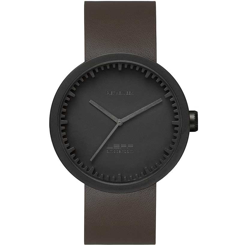 Leff Tube Watch D42 Black, brown leather strap