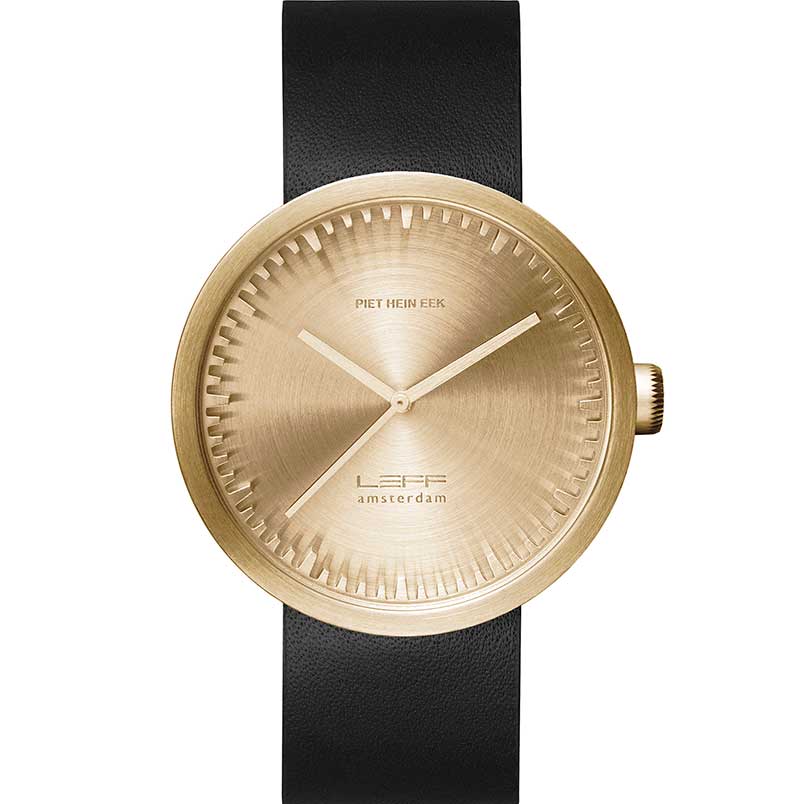 Leff Tube Watch D42 Brass, black leather strap