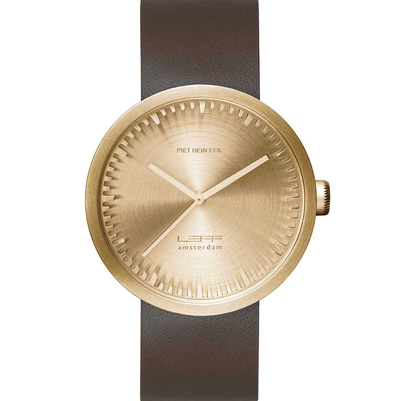 Leff Tube Watch D38 Brass, brown leather strap